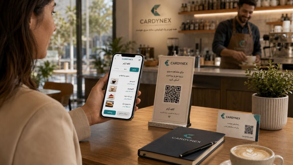 مشتری در یک کافه مدرن QR کد را اسکن می‌کند و به منوی دیجیتال، رزرو و پرداخت از طریق Cardynex دسترسی پیدا می‌کند