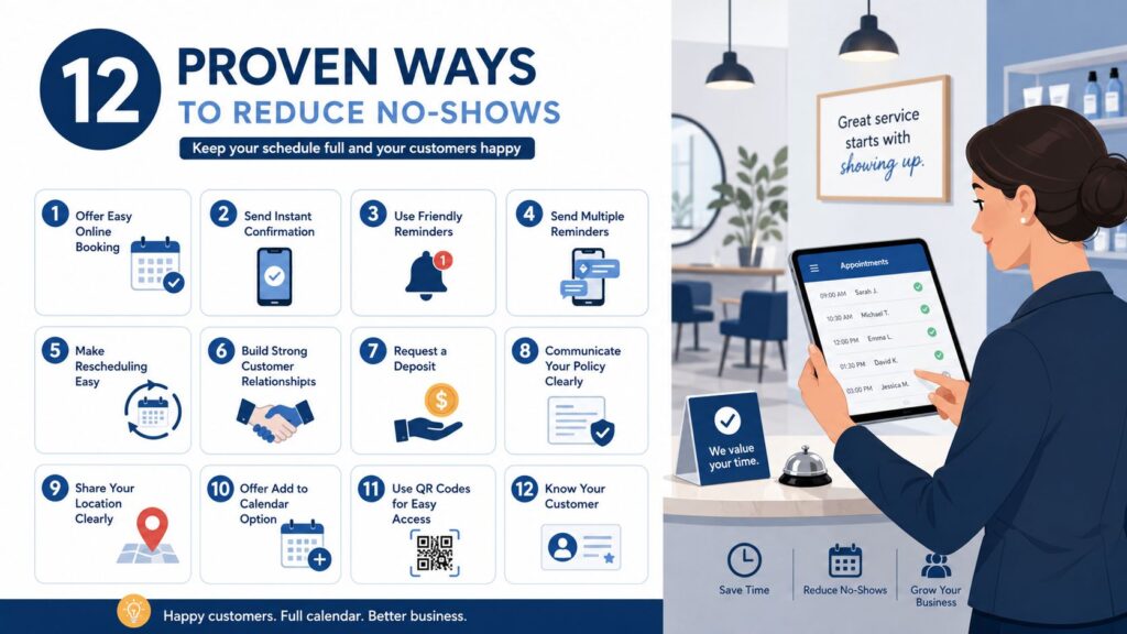Infographic showing a 12-step checklist for reducing customer no-shows. Includes icons for booking confirmation, reminders, cancellation policy, deposits, visit details, tracking, and measurement.
