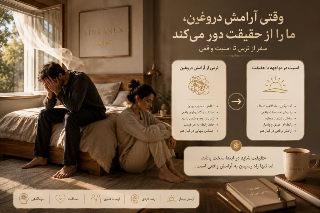 مردی با شرم روی تخت نشسته و زنی روی زمین با ناراحتی به پای خود نگاه میکند، که نماد تله عاطفی عجله در آشتی بدون ترمیم واقعی است